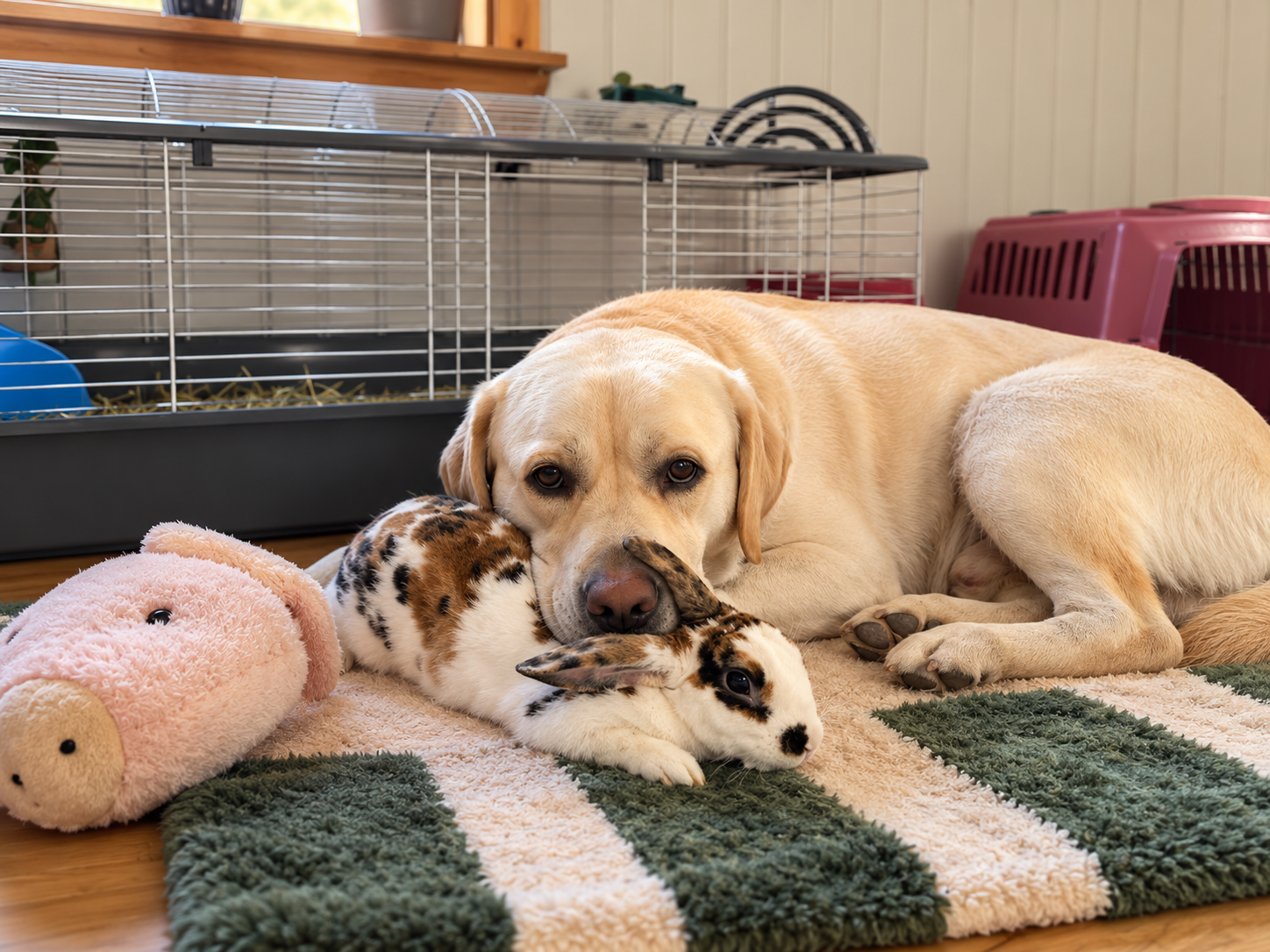 A calm labrador lying next to a small rabbit on a rug